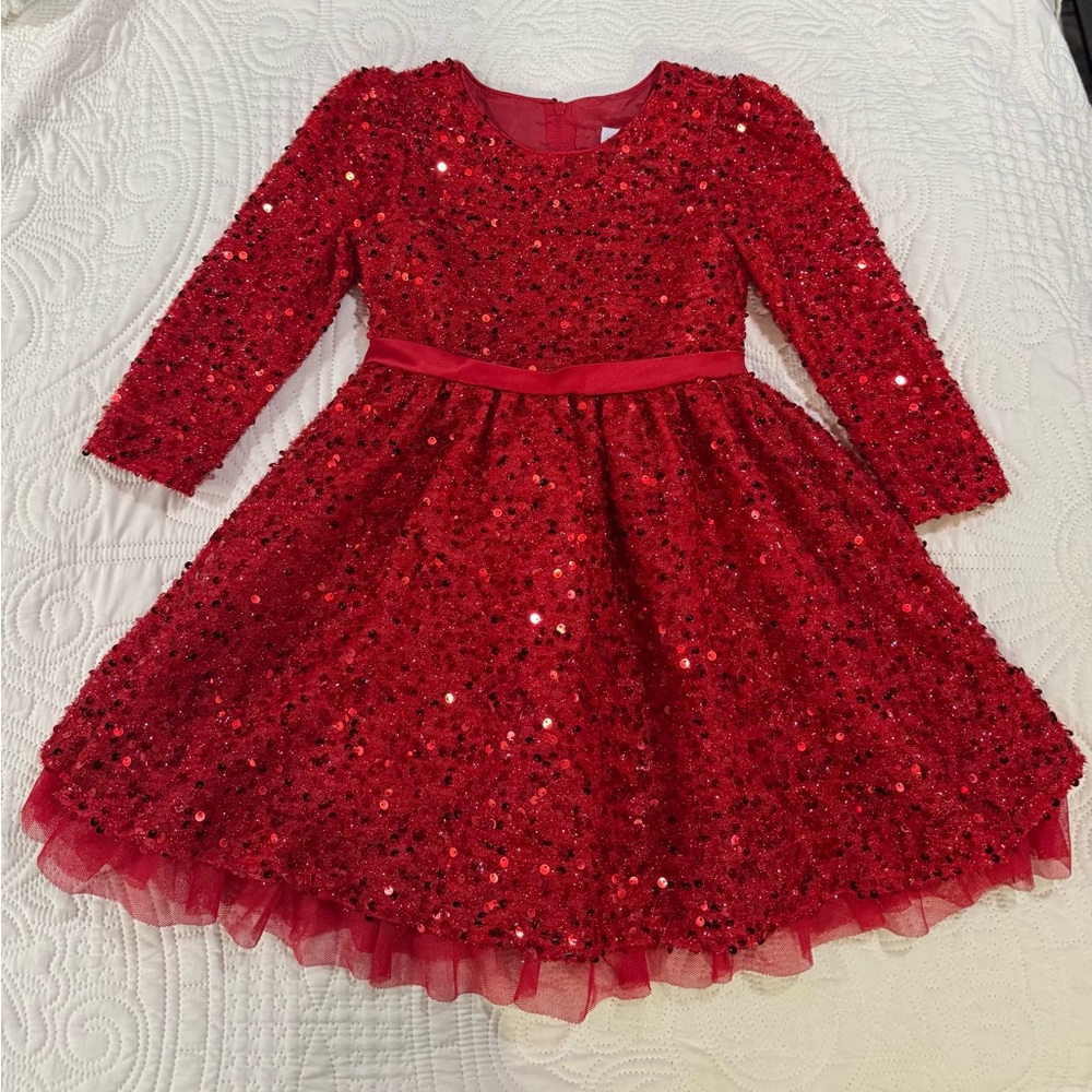 Girls' Long Sleeve Sequin Dress with Bow